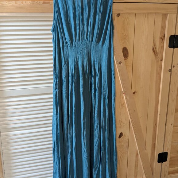 Soft Surroundings Katriane Gauze Maxi Dress Teal Large Crinkle Sleeveless Smock - Picture 10 of 11